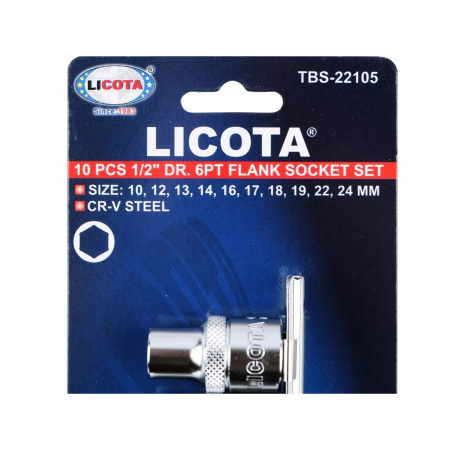 Licota Набор торцевых головок 1/2" 6-ти гранных, 10-24 мм, 10 предметов на линейке