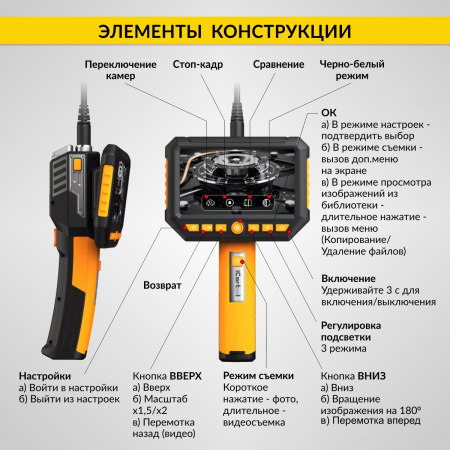 ICartool Видеоэндоскоп промышленный, экран 5", 2 камеры, 2Мп, 1920х1080, 1м, 5.5 мм сменный зонд
