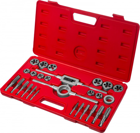 ЗУБР Набор метчиков и плашек, сталь 9ХС, в пластиковом боксе, 27 предм.