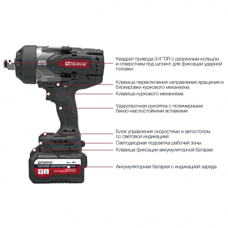 Thorvik Гайковерт ударный аккумуляторный бесщеточный 3/4"DR, 21В, 2400 Нм, (без АКБ и З/У)